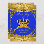 ブルー王室の金ゴールドプリンスクラウンベビーシャワーボーイ 招待状 (正面/裏面)