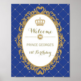 ブルー王室の金ゴールドプリンスバースデーパーティー歓迎サイン ポスター