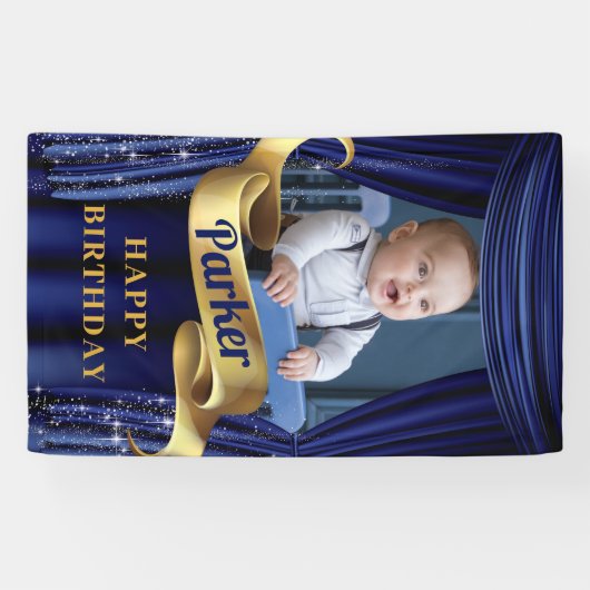 ブルー王室の金ゴールドプリンスフォトハッピーバースデー 横断幕 (横)