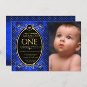 ブルー王室の金ゴールドプリンスフォトファースト誕生日パーティー 招待状 (正面/裏面)