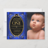 ブルー王室の金ゴールドプリンスフォトファースト誕生日パーティー 招待状 (正面)