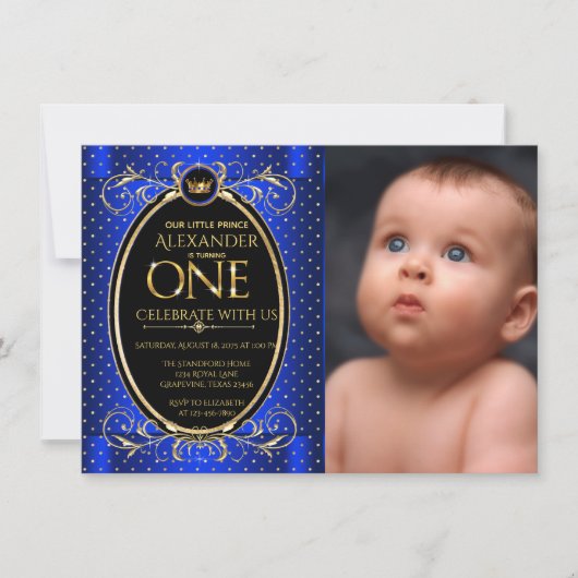 ブルー王室の金ゴールドプリンスフォトファースト誕生日パーティー 招待状 (正面)