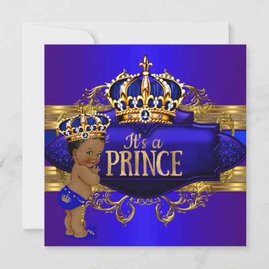 ブルー王室の金ゴールドプリンスベビーシャワーエスニック招待状 招待状 (正面)