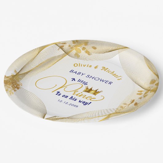 ブルー王室の金ゴールドプリンスベビーシャワー ペーパープレート (アングル)