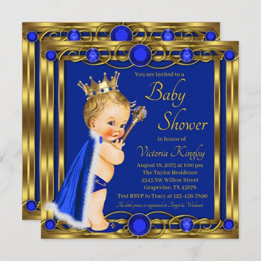 ブルー王室の金ゴールドプリンス宝石ベビーシャワー 招待状 (正面/裏面)