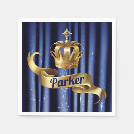 ブルー王室の金ゴールドプリンス誕生日 スタンダードカクテルナプキン (正面)