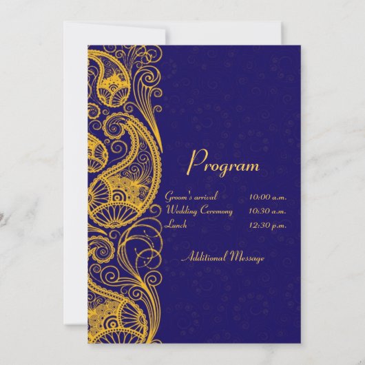 ブルー王室の金ゴールドペイズリーヒンドゥーインディアン結婚ズ 招待状 (裏面)