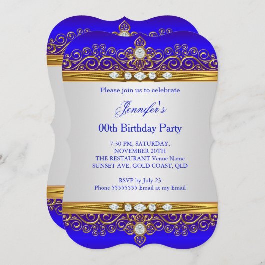 ブルー王室の金ゴールドホワイトダイヤモンドバースデーパーティー2 招待状 (正面/裏面)
