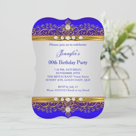 ブルー王室の金ゴールドホワイトダイヤモンドバースデーパーティー2 招待状 (スタンド正面)