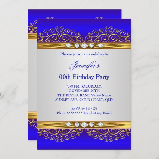 ブルー王室の金ゴールドホワイトダイヤモンドバースデーパーティー 招待状 (正面/裏面)