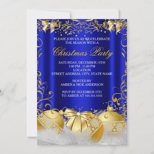 ブルー王室の金ゴールドボウボーブルホワイトクリスマスパーティー 招待状 (正面)