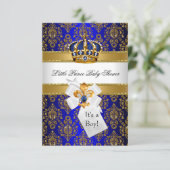 ブルー王室の金ゴールドリトルプリンスクラウンベビーシャワー 招待状 (スタンド正面)