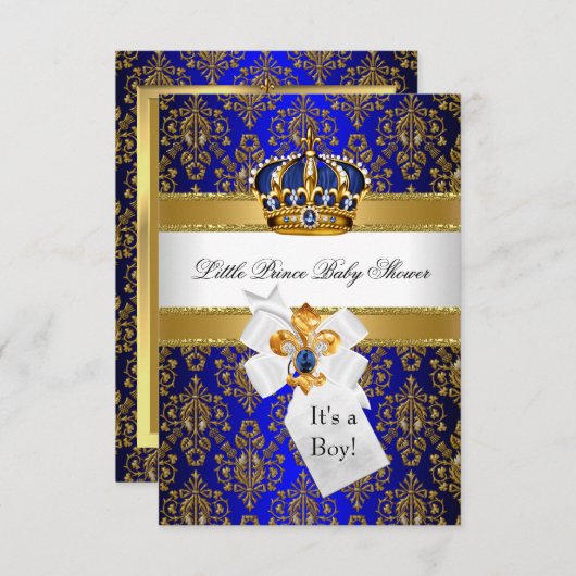 ブルー王室の金ゴールドリトルプリンスクラウンベビーシャワー 招待状 (正面/裏面)