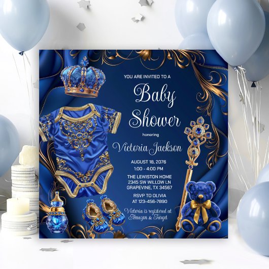 ブルー王室の金ゴールドリーガルプリンスベビーシャワー 招待状