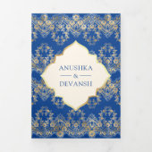 ブルー王室の金ゴールドレースQRコードフォトインディアン結婚 三つ折り招待状 (カバー)