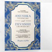 ブルー王室の金ゴールドレースQRコードフォトインディアン結婚 三つ折り招待状 (内部最初)