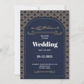 ブルー王室の金ゴールドレースQRコードムスリム結婚ズ 招待状 (正面)