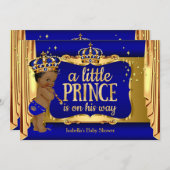 ブルー王室の金ゴールド少年プリンスベビーシャワーエスニック 招待状 (正面/裏面)