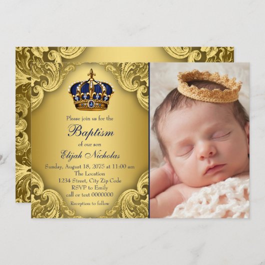 ブルー王室の金ゴールド王冠バプテスマ 招待状 (正面/裏面)