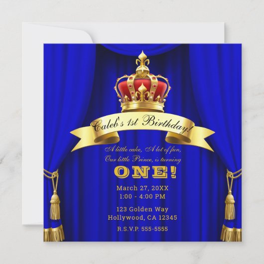 ブルー王室の金ゴールド王室のクラウン2王子第1誕生日 招待状 (正面)