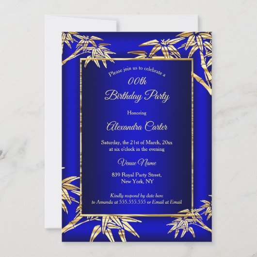 ブルー王室の金ゴールド竹写真バースデーパーティー 招待状 (正面)