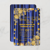 ブルー王室の金ゴールド誕生日パーティーへの招待，女性 招待状 (正面/裏面)