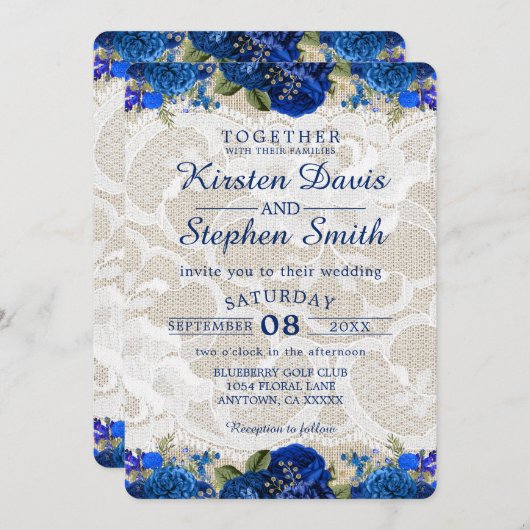 ブルー王室の金ゴールド·ネービー·フローラ·レ素朴ースズ 招待状 (正面/裏面)