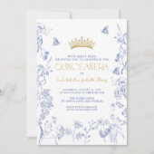 ブルー王室の金ゴールドQRフローラバタフライキンセアニラ 招待状 (正面)