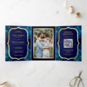 ブルー王室の銀河系マンダラQRコードインディアン結婚ズ 三つ折り招待状 (内部)