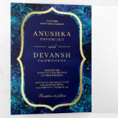 ブルー王室の銀河系マンダラQRコードインディアン結婚ズ 三つ折り招待状 (内部最初)