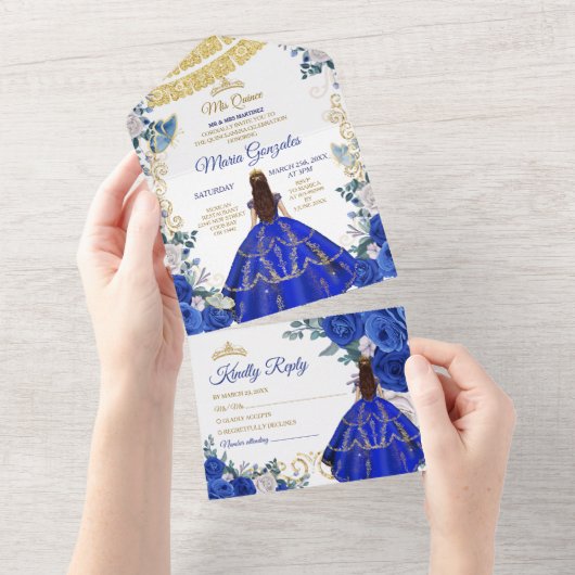 ブルー王室の16th誕生日キンセアニラ金ゴールドクラウン オールインワン招待状 (貼ってはがせる)