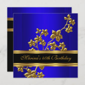 ブルー王室の40thバースデーエレガントパーティーブラック金ゴールド 招待状 (正面/裏面)