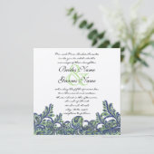 ブルー王室の&グリーンペイズリーピーコックウェディングアクト 招待状 (スタンド正面)