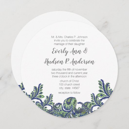 ブルー王室の&グリーンペイズリーピーコックウェディングアクト 招待状 (正面/裏面)