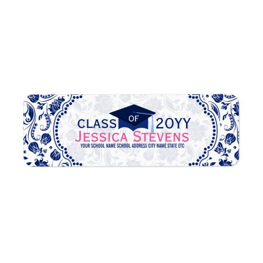 ブルー王室の&ホワイトフローラダマスク&ブルーグラッドハット ラベル (正面)