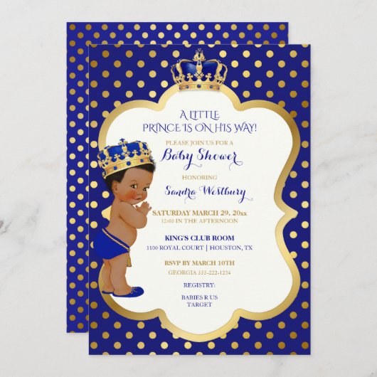 ブルー王室の&金ゴールドアフリカ系アメリカ人プリンスクラウン 招待状 (正面/裏面)