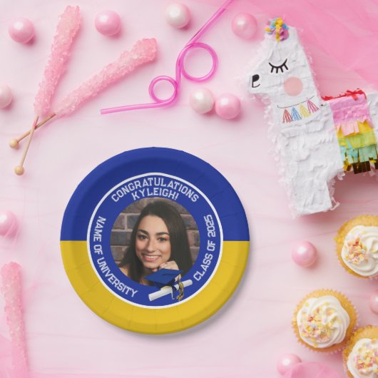 ブルー王室の&金ゴールドキャップ&ディプロマ写真卒業 ペーパープレート (パーティー)