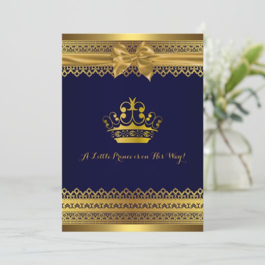 ブルー王室の&金ゴールドクラウンベビーシャワー招待状 招待状 (スタンド正面)