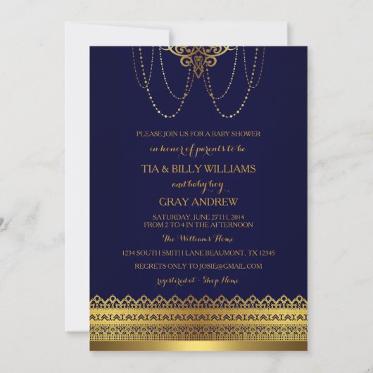ブルー王室の&金ゴールドクラウンベビーシャワー招待状 招待状 (裏面)