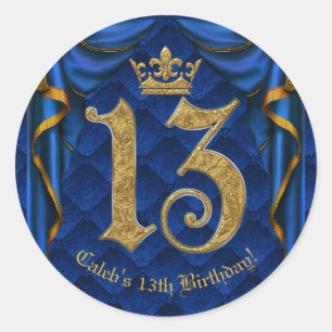 ブルー王室の&金ゴールドクラウン13 13th誕生日パーティー ラウンドシール