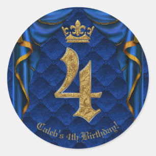ブルー王室の&金ゴールドクラウンFOUR 4 4th Birthdayパーティー ラウンドシール