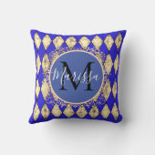 ブルー王室の&金ゴールドグラムモノグラム装飾用クッション クッション (裏面)