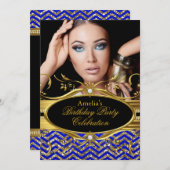 ブルー王室の&金ゴールドシェブロンダイヤモンドフォト誕生日 招待状 (正面/裏面)