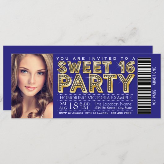 ブルー王室の&金ゴールドスウィート16チケット 招待状 (正面/裏面)