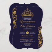 ブルー王室の&金ゴールドティアラクラウンキンセエレガントーニラ 招待状 (正面/裏面)