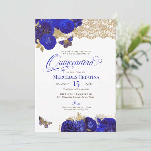 ブルー王室の&金ゴールドバラレースバタフライキンセアニラ 招待状 (スタンド正面)