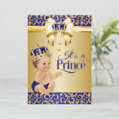 ブルー王室の&金ゴールドプリンスベビーシャワークラウン 招待状 (スタンド正面)