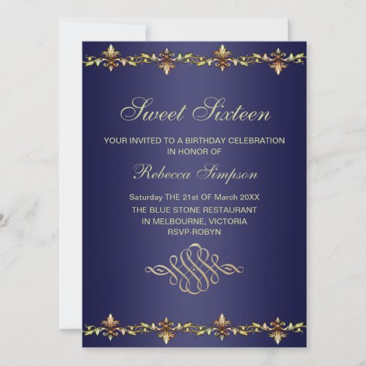 ブルー王室の&金ゴールドリーフ誕生日招待状 招待状 (正面)