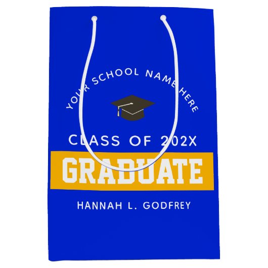 ブルー王室の・金ゴールド卒業おめでとうカスタム ミディアムペーパーバッグ (正面)
