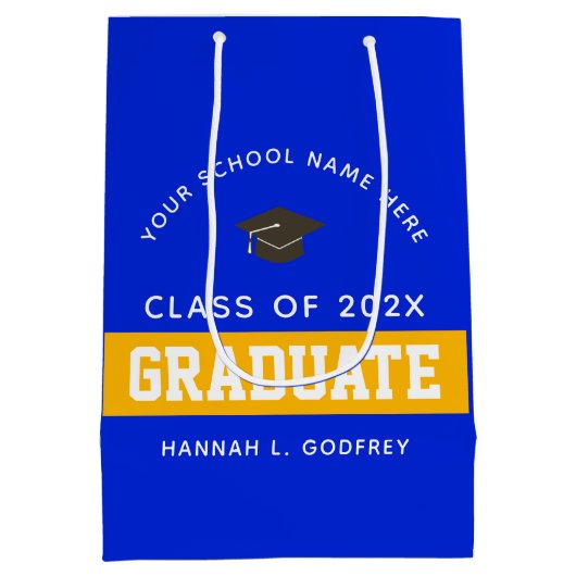 ブルー王室の・金ゴールド卒業おめでとうカスタム ミディアムペーパーバッグ (裏面)